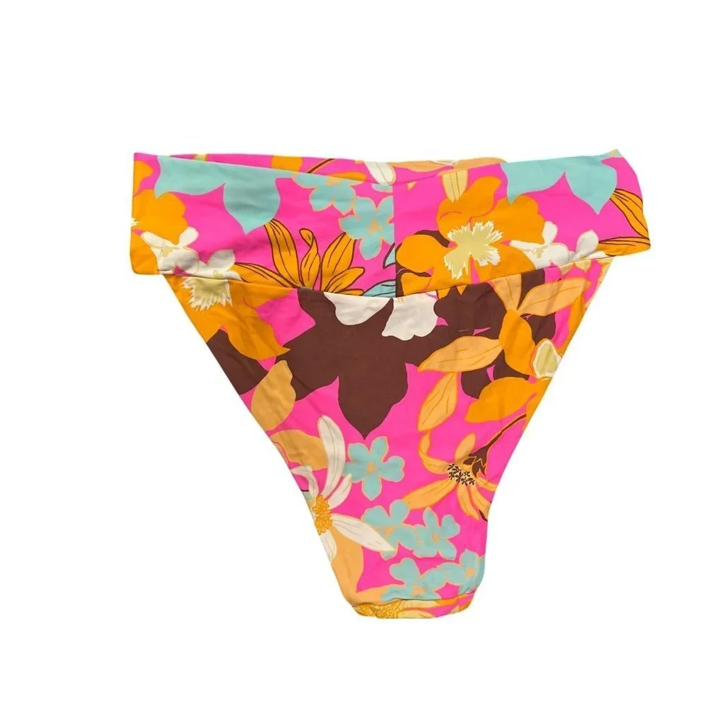 Womens XXL Floral Bikini Bottoms By Real Good Bright Pink & Orange With Tropical